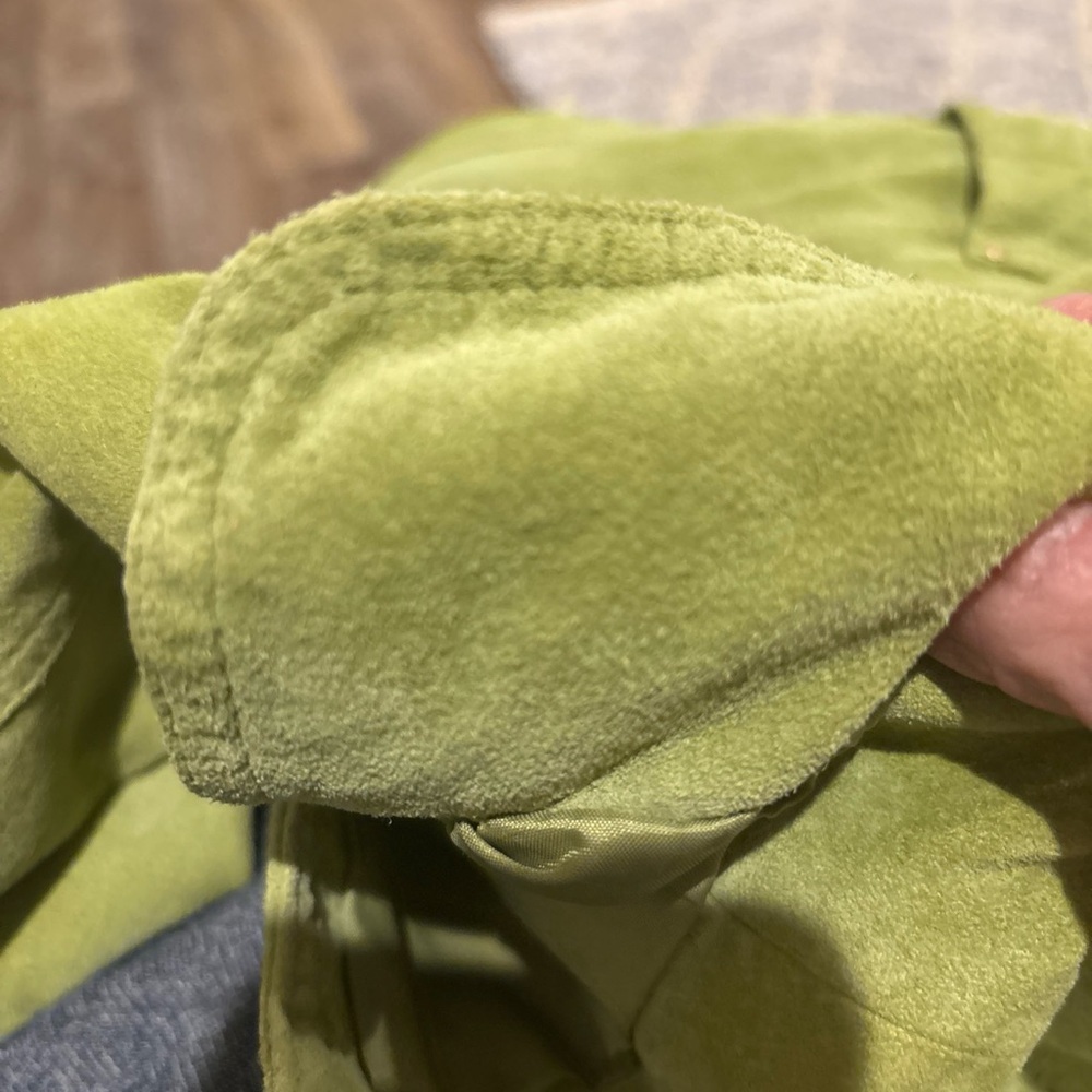 DAVID BROOKS LG AVOCADO GREEN SUEDE SHORT JACKET GOLD SNAPS ROLL UP CUFFS LINED - Picture 15 of 15
